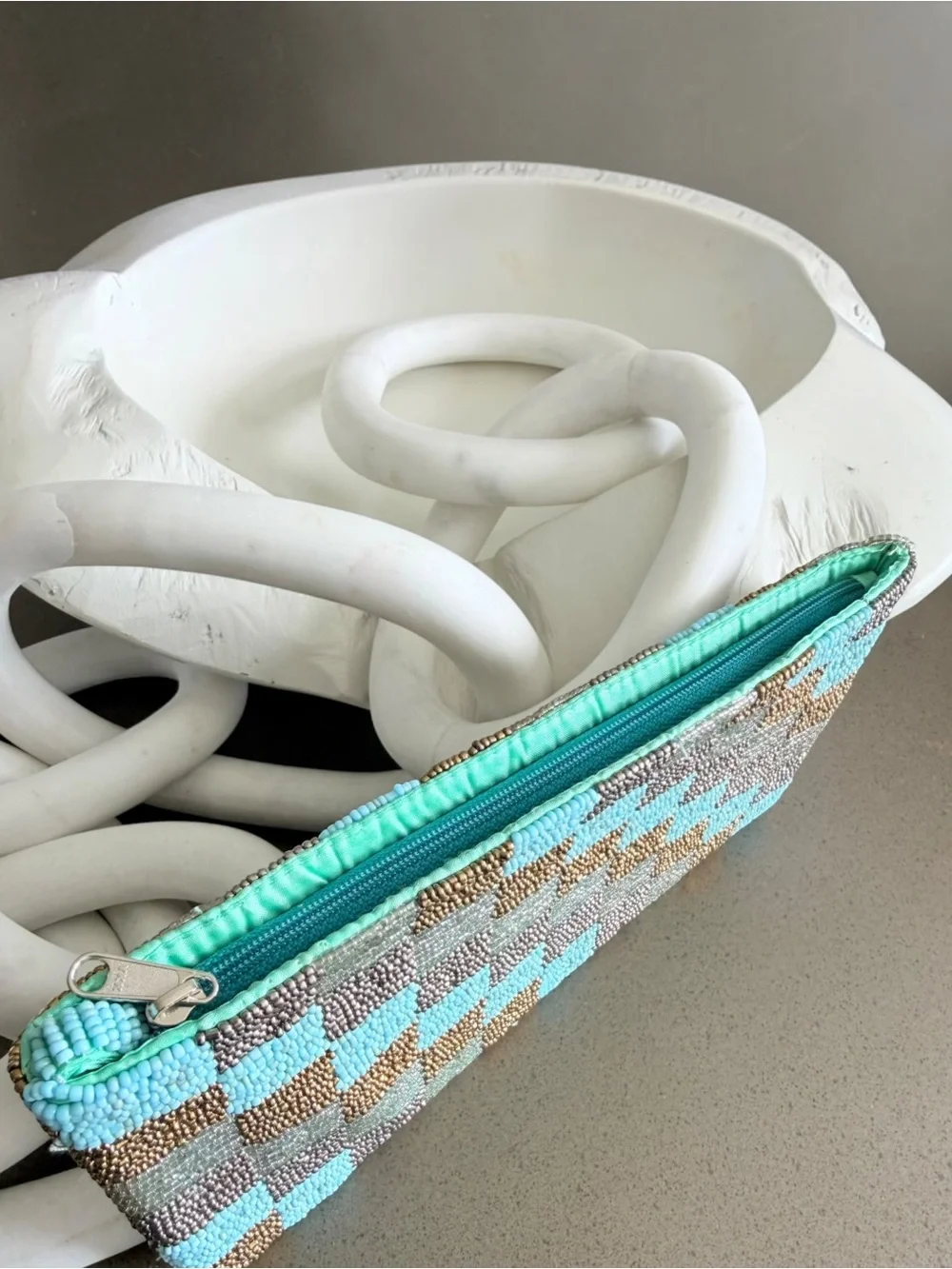 Beaded Checkerboard Clutch Bag Turquoise Gold Silver